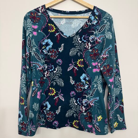 Talbots Top Size Large Petite Blue Teal Floral Boho Stretch Fairy Whimsigoth - Picture 1 of 10